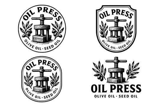 Elegant vintage emblem collection featuring an olive oil seed press design with intricate engravings and classic elements