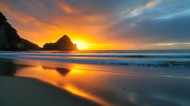 Warariki Beach Sunset: Golden Light on Rocky Coastline Reflections &ndash; 4K