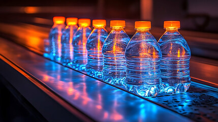 Water bottles on conveyor belt production line industrial manufacturing