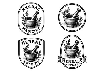 Vintage engraved herbal emblems showcasing traditional medicine and spices designs in a classic collection