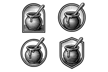 Vintage engraved logo design featuring a pot with a spoon, perfect for artisanal products