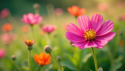Fototapeta premium Close-up vibrant wildflowers blooming in meadow , colorful, bloom