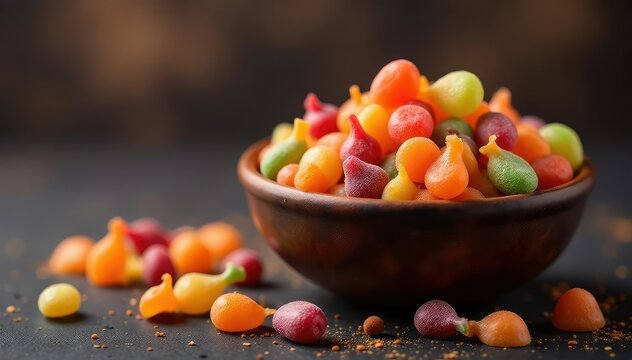 A colorful assortment of Halloween candy in a bowl , treats, caramel