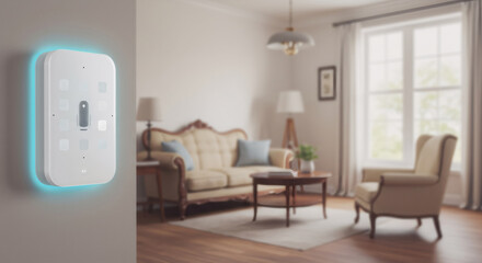 Fototapeta premium Smart thermostat with blue glow on living room wall. Home automation and energy efficiency. Modern temperature control for comfortable interior. IoT device.