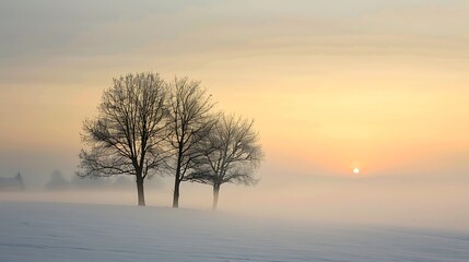 Silhouetted Trees On Snowy Field Under Orange Sunset Sky And Misty Atmosphere