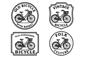 Vintage collection of engraved bicycle logos featuring old-fashioned designs with baskets for a charming retro aesthetic