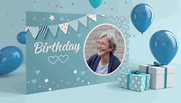 Smiling elderly woman celebrating her birthday with balloons and gifts around her.