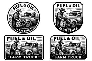 Vintage fuel and oil logo featuring a farmer filling a classic truck with gasoline for daily work in the countryside