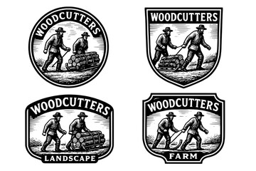 Naklejka premium Vintage woodcutters emblem collection showcasing engraved designs of lumberjacks in various settings