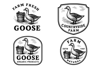 Vintage engraved emblems showcasing a goose in varied designs celebrating farm freshness and countryside charm