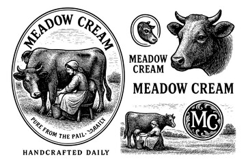 Vintage engraved emblem showcasing a rural dairy scene with a woman milking a cow, reflecting traditional craftsmanship and nostalgia
