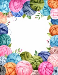 knitting background, border for logo or banner with balls of wool, crochet backdrop with copy space 