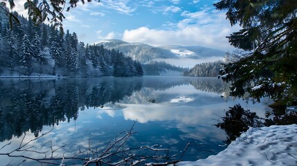 Snow Covered Lakeside Mountain Range Reflecting In Calm Water During Winter Daylight