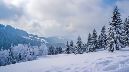 Snow Covered Mountain Landscape with Pine Trees under a Cloudy Blue Sky