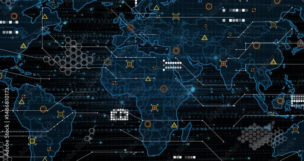 Poster global digital map being animated with neon outlines, binary streams, hexagon clusters and markers