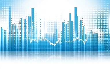 Abstract graphic of financial data,  represented by  vertical bars and  lines,  with a  modern urban skyline theme.  A  blue color scheme  and  halftone background