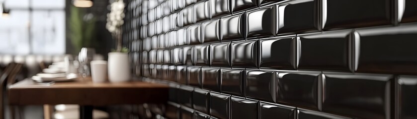 Dark rectangular tiles forming a wall.