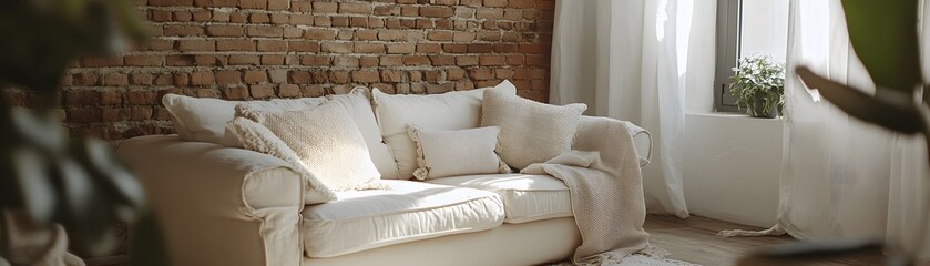 Cozy living room with light beige sofa and brick wall.