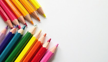 Fototapeta premium Vibrant colored pencil crayons arranged in a creative pattern on a white background , drawing pencils, painting