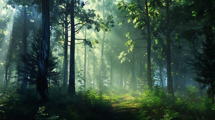 Fototapeta premium Sunlight Streaming Through Forest Trees Creating Pathway Illuminated Green Foliage