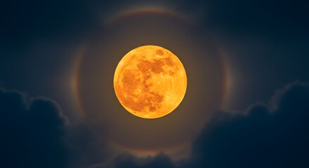 Obraz premium Full Moon with Halo Phenomenon over Tranquil Night Sky Symbolizing Mystery Wonder and Celestial Beauty A Captivating Nightscape for Astrological and Natural Themes Perfect
