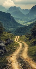 Winding dirt road through lush mountain valley