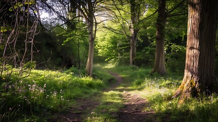 Naklejka premium Sunlit Forest Path Through Green Trees And Lush Vegetation During Daylight