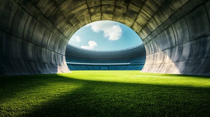 Stadium tunnel entrance view of soccer field grass and sky sports venue arena architecture design