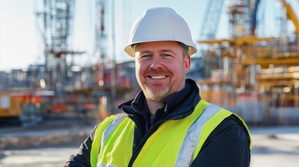 Fototapeta premium A smiling European male construction worker, wearing a hard hat and safety vest, stands confidently at a busy construction site, showcasing professionalism.