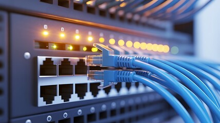 Close up of network server with connected ethernet cables and glowing lights