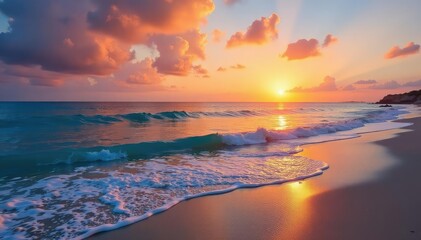 Fototapeta premium Serene beach scene at sunset, calm ocean waves gently lapping the shore , peace, bliss