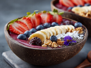 Vibrant Acai Bowl with Fresh Fruits and Superfood Toppings: Perfect Healthy Breakfast for a Colorful Vegan Lifestyle