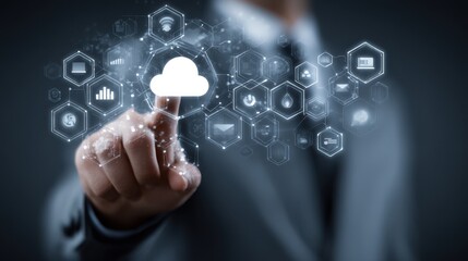 Businessman Touching Digital Cloud Interface with Connected Icons Representing Data Management, Technology, and Networking in Modern Workspace