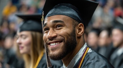 Fototapeta premium joyful graduate in cap and gown smiles brightly at graduation ceremony. High quality