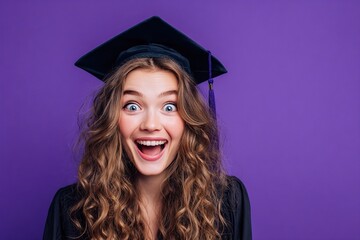 Happy student after graduation on violet background. High quality