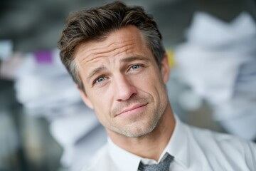Obraz premium Stressed Businessman Portrait Office Chaos Worried Overworked Corporate Deadline Tir