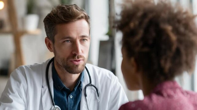 Doctor-Patient Dialogue: A compassionate doctor listens intently to a patient's concerns, fostering trust and providing support. Capturing the essence of care and well-being.