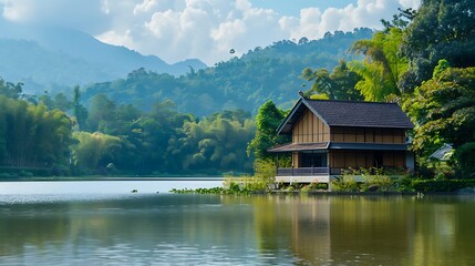 Naklejka premium Tranquil Lake House Surrounded By Lush Greenery And Mountainous Background