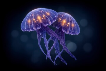 Bioluminescent Jellyfish Duo  Ocean Deep  Glowing Marine Life