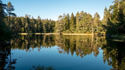 Fototapeta premium Tranquil Lake Reflecting Dense Green Forest And Blue Sky Under Sunlight