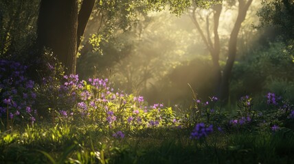 Obraz premium Purple Wildflowers in a Tranquil Forest Setting Dappled by Soft Sunlight and Green Foliage