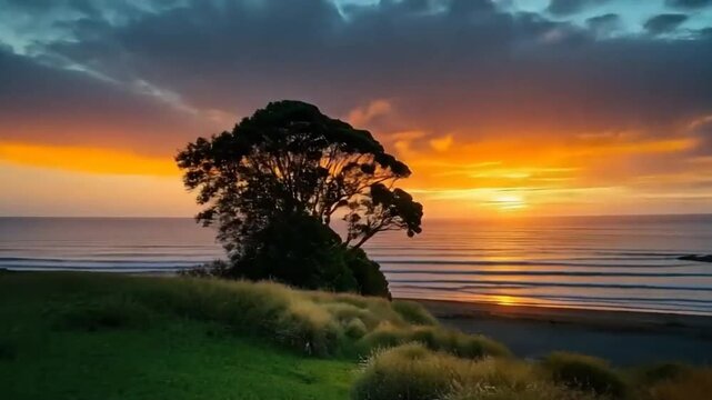 Orange and Blue Sunset Reflections on Serene Beach &ndash; 4K Tranquil Coastline