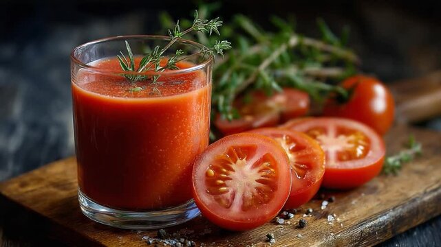 Tomato Juice Refreshment: A vibrant glass of freshly squeezed tomato juice, complemented by sliced tomatoes and fresh herbs, epitomizes the essence of healthy and refreshing sustenance.