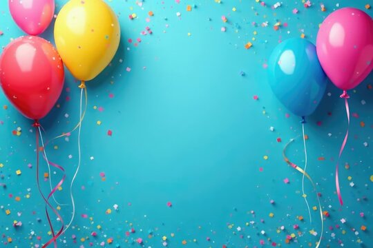 Happy birthday! Festive blue background with confetti and balloons , birthday background, event