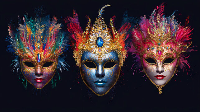 Ornate and elaborate carnival masks adorned with shimmering rhinestones feathers and gilded accents. [Neon Folktales] | Hologram Myths | shimmering mask. Illustration