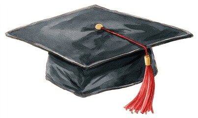 Simple black graduation cap with degree clipart. Graduation cap and diploma watercolor vector illustration isolated on white background. Cap and diploma cartoon clipart. High quality