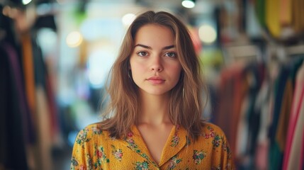 A captivating portrait of a young woman donning a bright outfit, standing in a stylish retail space, exuding confidence and charm. Ideal for fashion and lifestyle themes.