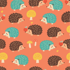A cute seamless pattern features brown and blue hedgehogs along with mushrooms and trees on a warm orange background.