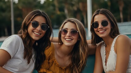 Three smiling women wearing sunglasses posing together outdoors with greenery in the background