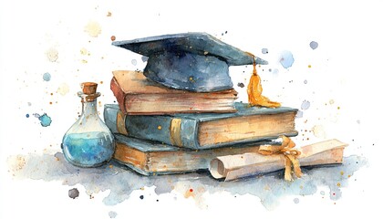 watercolor graduation books cap gown diploma celebration. High quality